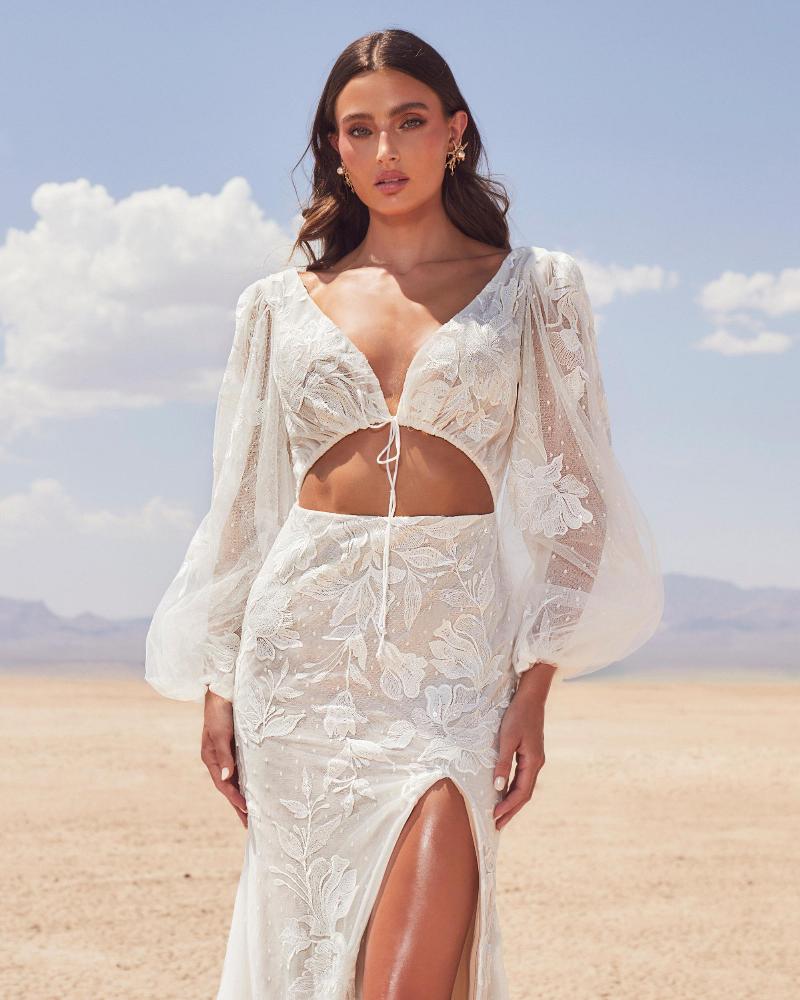 Lp2409 sexy beach boho wedding dress with long sleeves and slit3